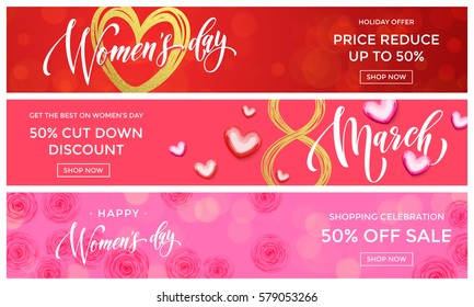 Women Day sale gold glitter online shopping web banner vector templates. Golden hearts and flowers discount percent offer for premium luxury shopping promo celebration on 8 March.