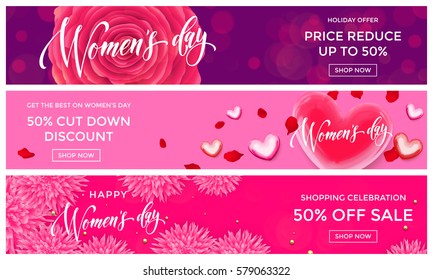 Women Day sale shopping web banner vector gold glitter templates. Golden hearts and flowers discount percent offer for premium luxury online shopping promo celebration on 8 March.