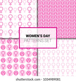 Patrones De Mujeres Sin Precedentes Fijados Con Símbolos Femeninos De Color Rosa En Ilustración De Vectores De Fondo Blanco