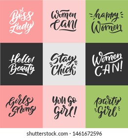 Women day set. Feminist, women empowerment, girl power lettering and logo set for your design. 8 March celebration greeting card, postcard design elements. Phrases and doodles collection for female