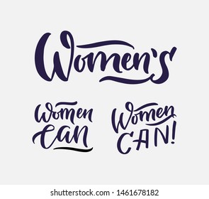 Women day set. Feminist, women empowerment, girl power lettering and logo set for your design. 8 March celebration greeting card, postcard design elements. Phrases and doodles collection for female