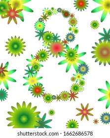 Fondo de degradado vibrante del día de la mujer con flores de marco, hoja. Tarjeta de regalo del 8 de marzo. 8 de marzo Tarjeta de felicitación floral. Diseño de plantilla cuadrada de tarjetas de regalo del Día de la Mujer Feliz. Fondo del degradado vibrante del vector. 