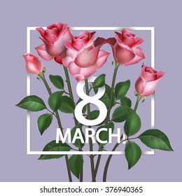 Women Day Vintage Background With Pink Roses, Vector illustration