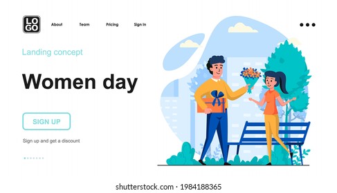Women day web concept. Man congratulates woman, gives flower bouquet and gift for holiday march 8. Template of people scenes. Vector illustration with character activities in flat design for website