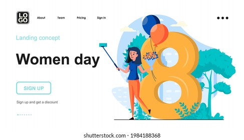 Women day web concept. Woman making selfie with bouquet near march 8 frame, celebrating holiday. Template of people scenes. Vector illustration with character activities in flat design for website