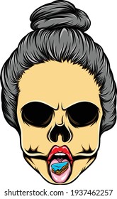 The women dead skull with a piece a cake and scruffy to knot hair of illustration