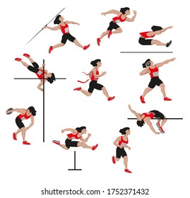 women decathlon athlete,  realistic female sport,  vector illustration, clip art, cartoon, decathlete drawing isolated on white background 