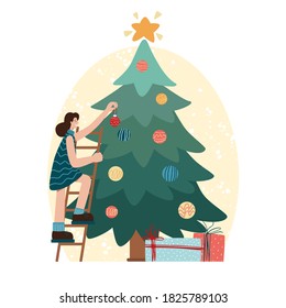 Women decorating Christmas tree. Merry Xmas Holiday Party. Characters Celebrating New Year Eve. Winter Christmas scenery