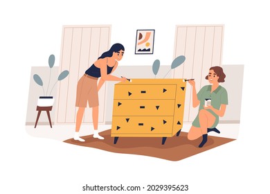 Women decorating and painting furniture at home. Family couple renewing and repairing chest of drawers. People restoring cabinet together. Flat vector illustration isolated on white background