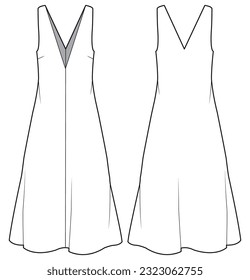 Women Deep v neck  A line dress design flat sketch fashion illustration with front and back view, Basic Sleeveless Lounge shift dress cad drawing vector template