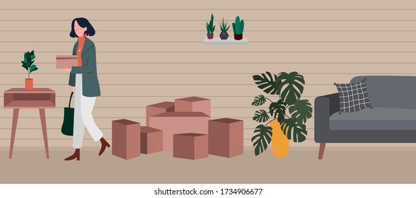 Women delivered packet in box order by customer modern flat cartoon. Classic retro living room