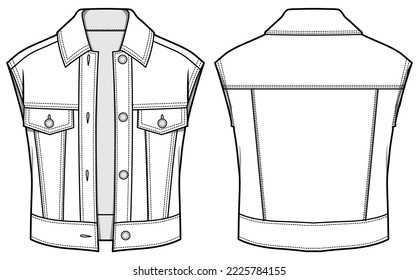 Women denim Gilet sleeveless jacket flat sketch fashion illustration drawing, Sleeveless Denim shirt top for girls and ladies template mock up