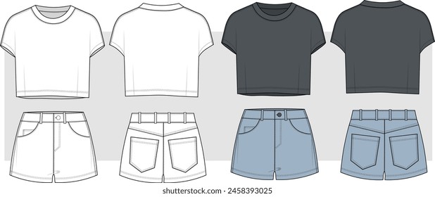 women denim jean mini SHORT and oversize cropped t shirt SET VECTOR SKETCH. fashion flats. fashion illustration template. front and back cad mockup. apparel templates