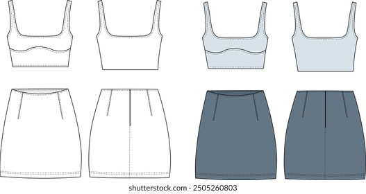 women denim jean mini skirt and cropped bra SET VECTOR SKETCH drawing. fashion flats. fashion illustration template. front and back cad mockup. apparel templates