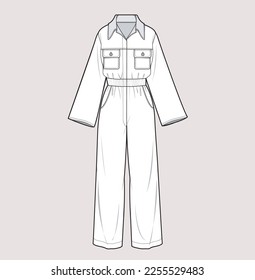 Women denim jumpsuit flat sketch illustration