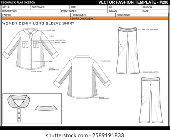 WOMEN DENIM LONG SLEEVE SHIRT SKETCH FASHION TEMPLATE TECHNICAL DRAWING ILLUSTRATION