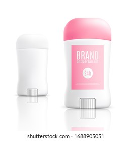 Women deodorant antiperspirant stick container realistic mockup vector illustration isolated on white background. Set of open and closed with lid body deodorizer bottles.