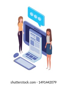 women with desktop computer screen and email notifications