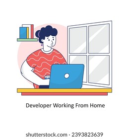 Ilustración de diseño de esquema rellenado por vector del hogar para mujeres programadoras que trabajan desde el hogar. Símbolo del archivo EPS 10 de fondo blanco