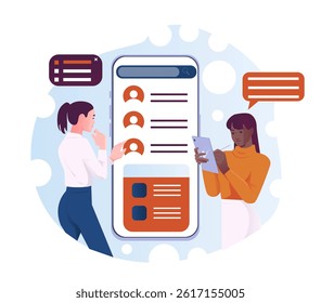 Women developing website. Young girls near huge smartphone. Usability for mobile applications and programs. Graphic designers develop interface elements. Flat vector illustration