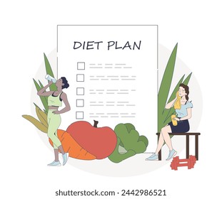 Mujeres con plan de dieta simple. Niñas jóvenes cerca de frutas y agua. Fitness y estilo de vida activo. Productos naturales y orgánicos para bajar de peso. Doodle ilustración vectorial plana aislada sobre fondo blanco