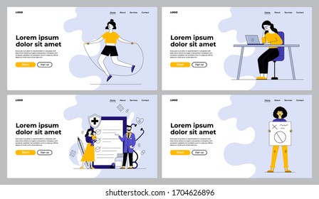 Women in different action set. Exercising, working at workplace, visiting doctor, protesting. Flat vector illustrations. Work, activity, service concept for banner, website design or landing web page