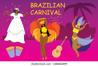 Women Different Ages in Carnival Costumes. Brazilian Canival. Night Party. Traditional Brazilian Costume. People Have Fun. National Holiday of Brazil. Vector Illustration. Advertising Image with Text.