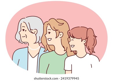 Women of different ages look in same direction with smile, demonstrating solidarity or commitment to feminism. Elderly woman with daughter and granddaughter in casual clothes. Flat vector design