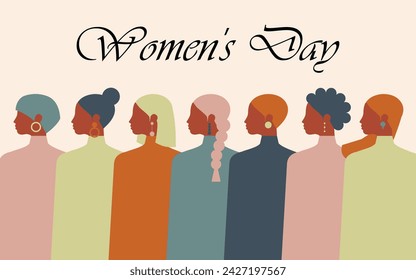 Women of different ages, nationalities and religions come together to celebrate International Women's Day. Vector.