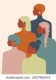 Women of different ages, nationalities and religions come together to celebrate Women's History Month, International Women's Day, and Mother's Day. Vector.