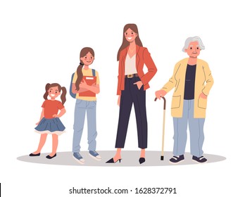 Women of different ages set. Kid, teen, adult, senior flat vector illustration. Generation, people, family concept for banner, website design or landing web page