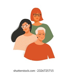 Women of different ages vector illustration. Different aging stages from young girl to senior, diversity in age. Life, age, growth concept