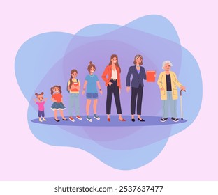 Women of different ages vector illustration. Cartoon drawing of female life cycle, different aging stages of girl with brown hair from toddler to senior, diversity in age. Life, age, growth concept