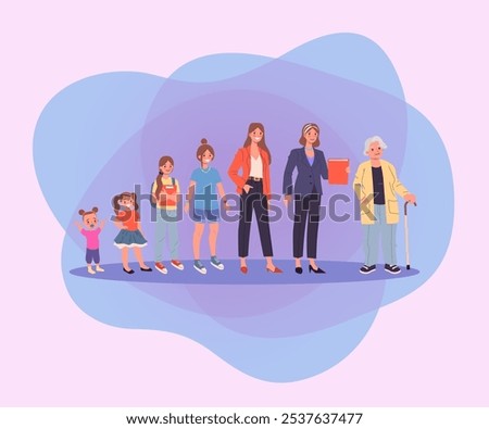 Women of different ages vector illustration. Cartoon drawing of female life cycle, different aging stages of girl with brown hair from toddler to senior, diversity in age. Life, age, growth concept