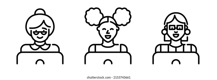 Women Of Different Ages Working Or Learning At Laptops. Pixel Perfect, Editable Stroke Line Art Icons