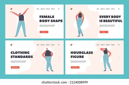 Women Different Body Figure Types, Landing Page Template Set. Female Characters Hourglass, Inverted Triangle, Round, Rectangle and Pear Shapes, Girls Posing. Cartoon People Vector Illustration