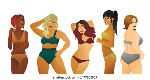 Women with different body shapes and skin color