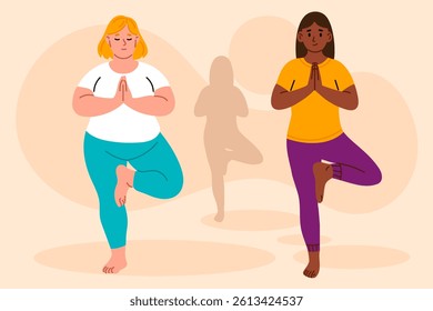 Women of different body types performing tree pose in yoga maintaining balance and focus