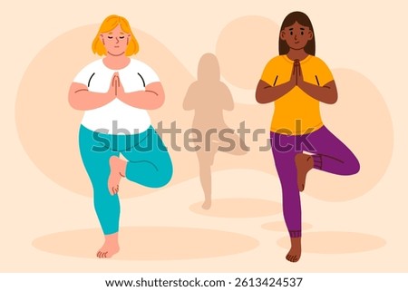 Women of different body types performing tree pose in yoga maintaining balance and focus
