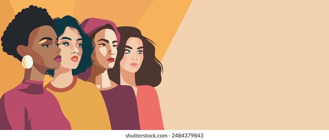 Mujeres de diferentes colores, culturas y nacionalidades se unen por la libertad y la igualdad, el empoderamiento de la mujer. Feminismo. Día de la Mujer. Día de las Madres. Anuncio de Vector con lugar para texto