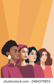 Women of different colors, cultures and nationalities stand together for freedom and equality, women's empowerment. Women's Day. Mothers Day. Vector banner with place for text