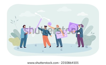 Women with different contraceptive methods vector illustration. Cartoon drawing of happy girls holding big condoms, birth control pills, IUD. Female healthcare, pharmacy, contraception concept