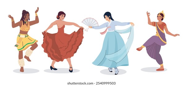 Women of different cultures dances set. Women in red, blue, yellow and violet dresses. Traditional indian clothes. Hobby and leisure. Flat vector collection isolated on white background