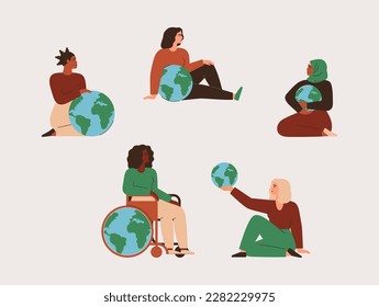 Women of different cultures hold and embrace Earth with love and care. Strong females support our Planet and sustainable lifestyle. Ecology movement and environmental activists concept. Vector