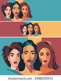 Women of different cultures and nationalities. Concept of the movement for gender equality and women's empowerment. Women's Day. Vector set with place for text banner templates of different sizes