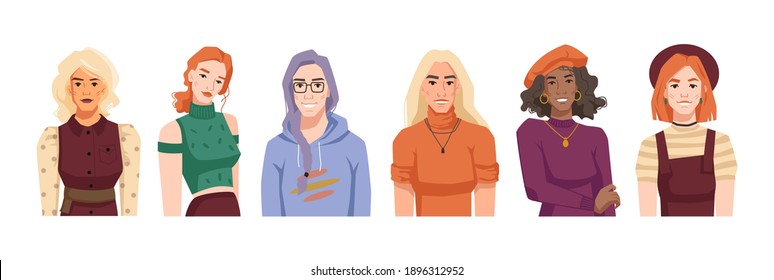 Women from different cultures, nationalities and races. Isolated portraits of female personages. Diverse girls wearing stylish clothing. Group of people. Cartoon character, vector in flat style