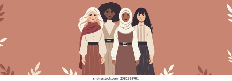 Women of different cultures, nationalities and skin colors stand together. Movements for gender equality and women's empowerment. Illustration with space for text for women's holidays, projects