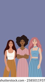 Women of different cultures, nationalities and skin colors stand side by side. Vector illustration for women's holidays and projects. Women's Day, March 8. Gender equality and women's empowerment