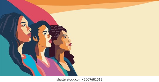 Women of different cultures and nationalities stand side by side. International Women's Day. Movements for gender equality and women's empowerment. Vector illustration for advertising, website, banner