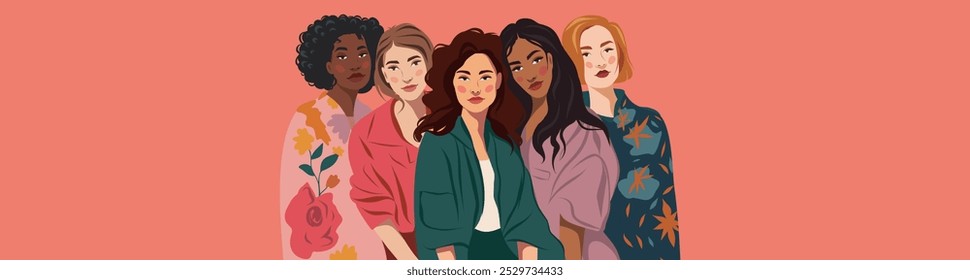 Women of different cultures and skin colors. Women's Day. Feminism. Movements for gender equality and women's empowerment. Vector banner with space for text on pink beige background